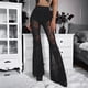 thumbnail image 4 of Pantalones Acampanados de Transparente con Encaje Floral para Mujer, Pantalones Largos de Cintura Alta Elástica. Negro S, 4 of 10