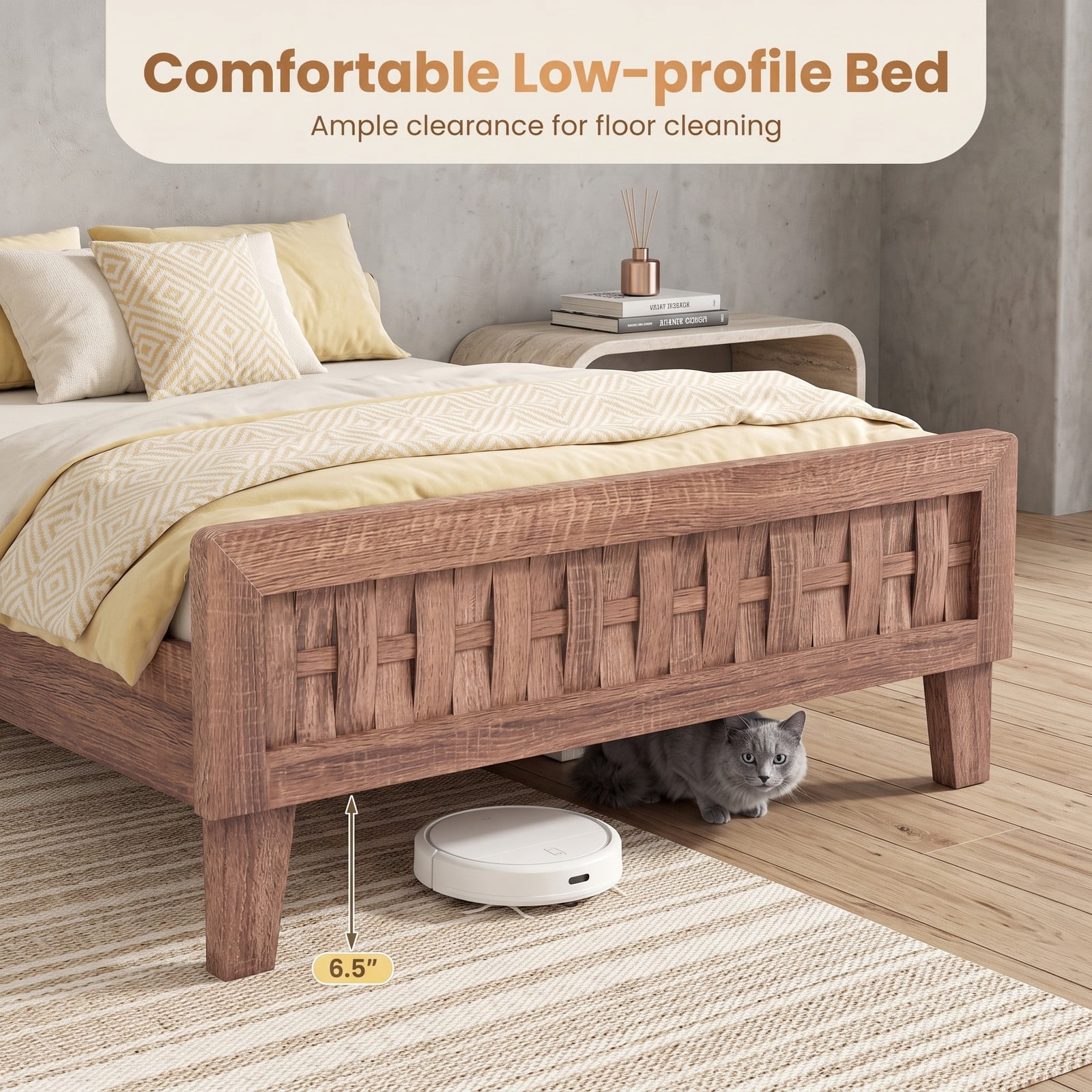 Furnibear Queen Size Mid Century Wood Platform Bed Frame with Woven Accent Headboard and Footboard for the Bedroom, Walnut