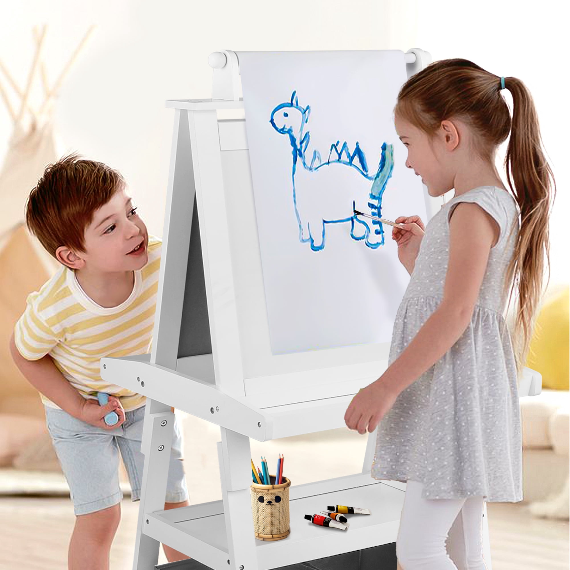 AILEEKISS 3 in 1 Kids Art Easel Double-Sided Magnetic Whiteboard Chalkboard with Paper Roller, White
