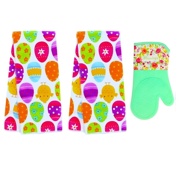 Easter Vibrant Egg Printed Kitchen Towels, 15x25in and Floral Green Oven Mitt, 3-Piece Easter-Themed Housewarming Gift Set Spring Collection Seasonal Charm Decor Durable Multipurpose Home Essential