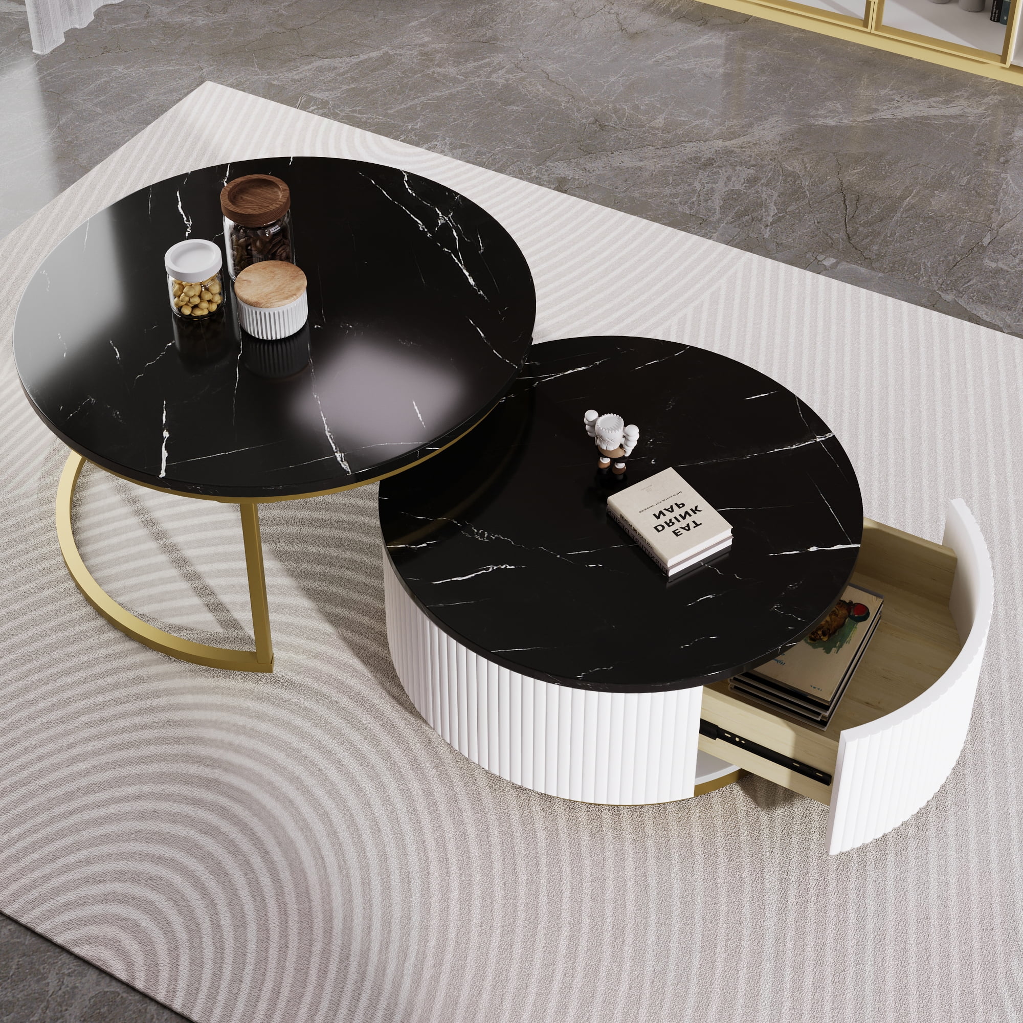 Harper & Bright Designs Gold Round Nesting Coffee Table Set of 2, Fluted Center Table with Glod Legs, Modern End Table with Drawer for Living Room