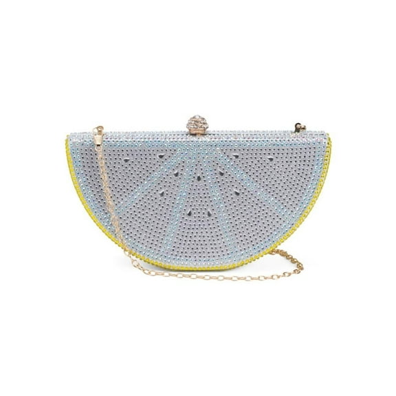 Most Wanted Rhinestone Lemon Clutch, 8" W x 4" H, Crystal Beaded Evening Bag with Chain Strap