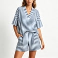 thumbnail image 5 of Cagogo Women Plus Size Striped 2 Piece Set V Neck Short Sleeve Blouse Shorts Casual Loose Boho Vacation Outfits Summer Cruise Travel Matching Lounge Clothes, Blue M, 5 of 6