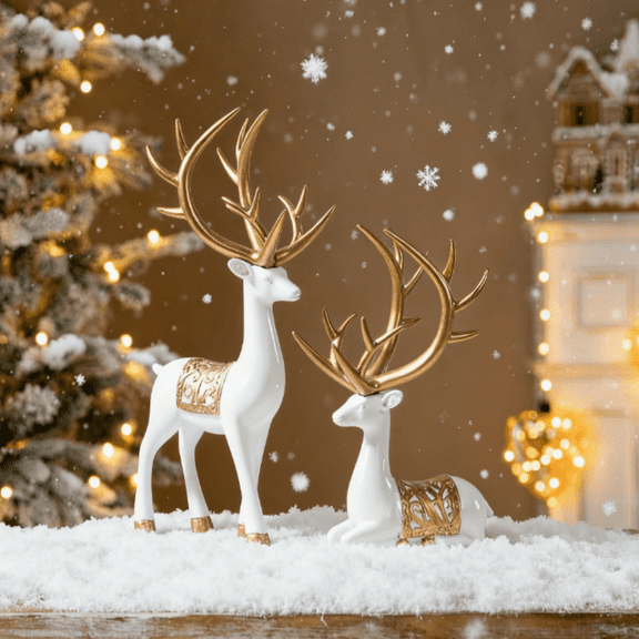 HmNPlay Elegant Resin Reindeer Figurines Set of 2, Handmade Christmas Tabletop Decor, Deer Statues for Living Room & Home Holiday Ornaments Gift (156 characters)