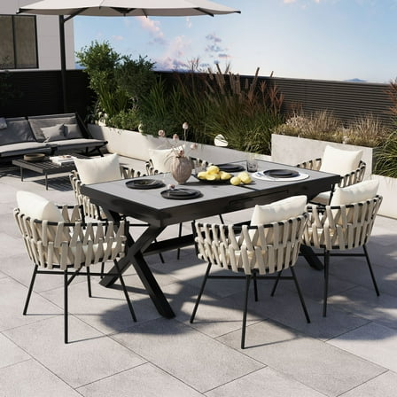 6-Piece Extendable Outdoor Dining Set with Polyester Woven Chairs – Adjustable Table from 63 to 83 Inches for Patios & Gardens