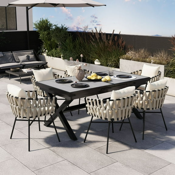 6-Piece Extendable Outdoor Dining Set with Polyester Woven Chairs – Adjustable Table from 63 to 83 Inches for Patios & Gardens