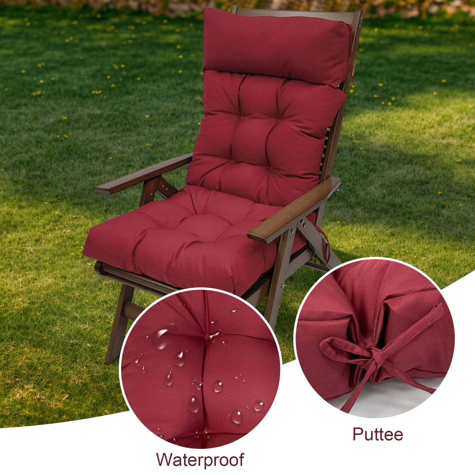 JOVELL 4-Inch Thick Adirondack Chair Cushions 1Pack, 49"x21" Waterproof High Back Rocking Chair Pads with Ties, Outdoor Patio Furniture Seat Cushion, Red