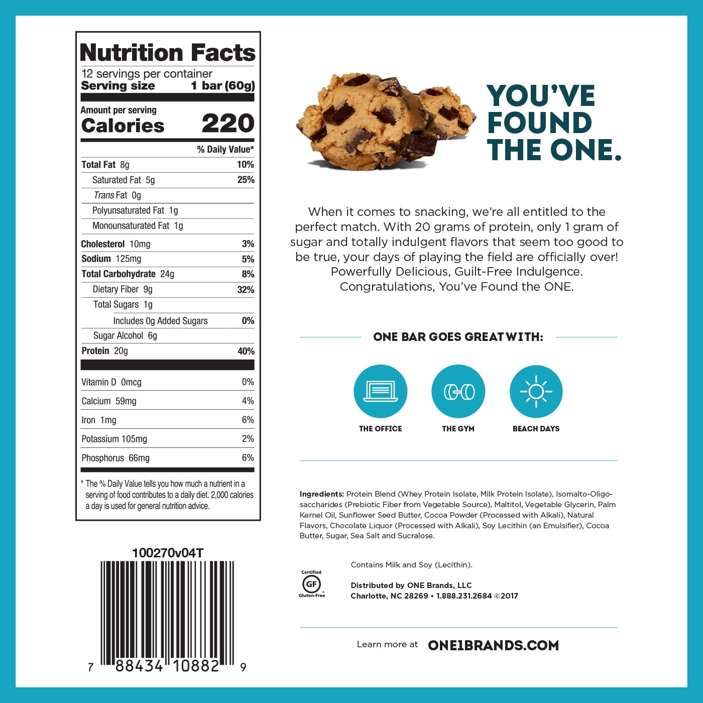 ONE Brands Protein Bar, Chocolate Chip Cookie Dough, 20g Protein, 12 Count