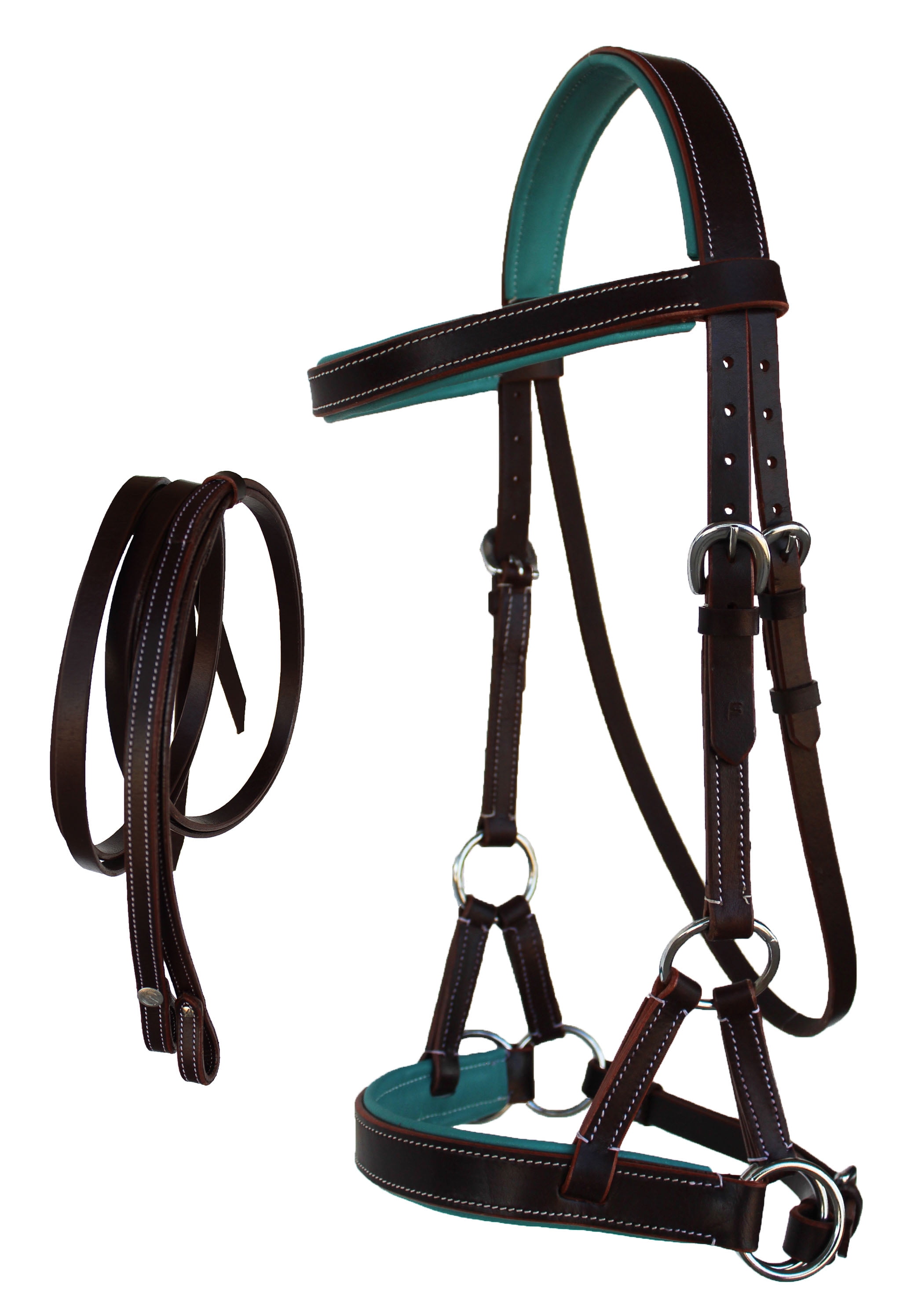WESTERN HORSE LEATHER BITLESS SIDEPULL BRIDLE REINS COB CHESTNUT TEAL