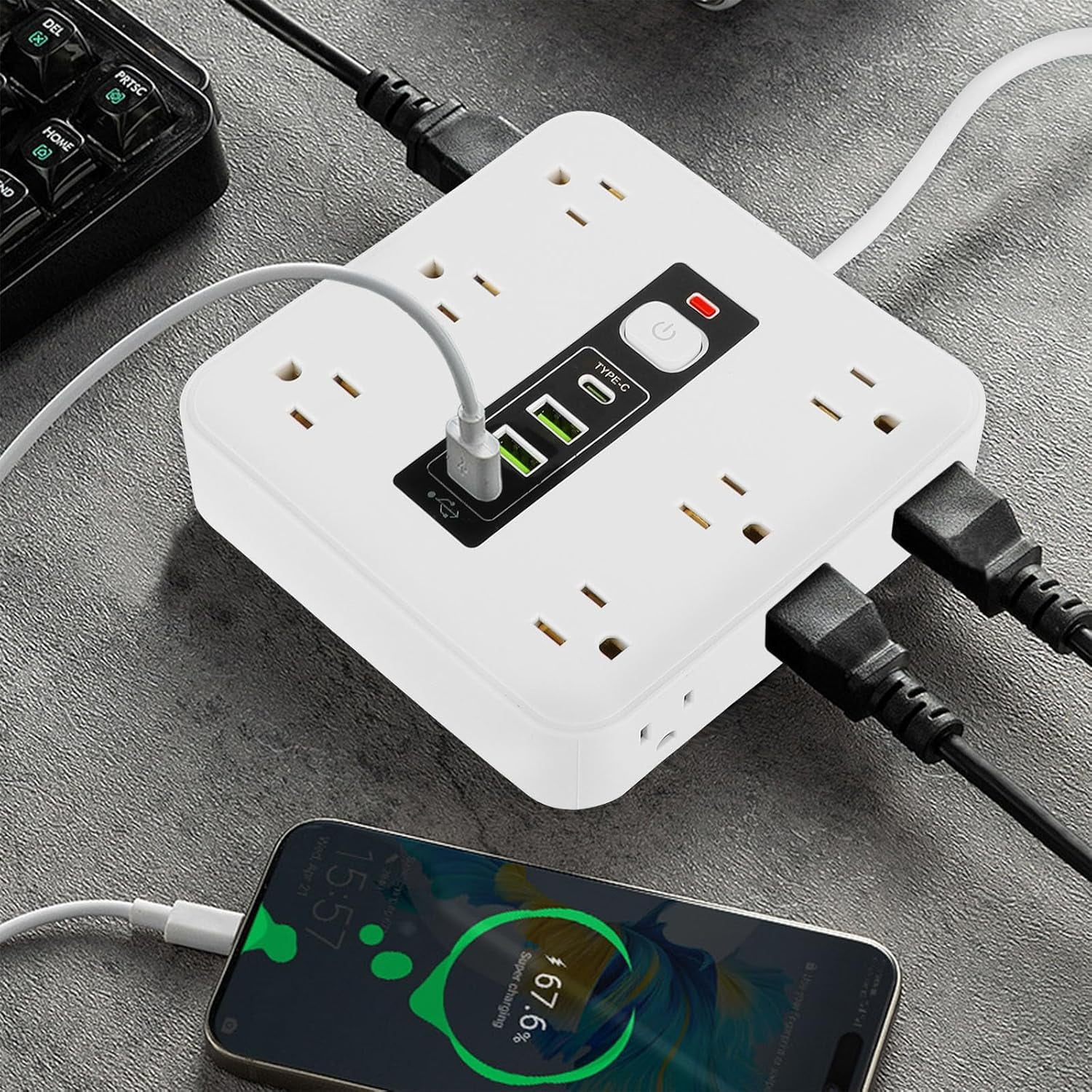 16-in-1 Power Strip with Switch & Surge Protection, 6.5FT Flat Plug Power Strip Surge Protector with 12 Outlets 2 USB & 2 Type-C Ports for Home Office