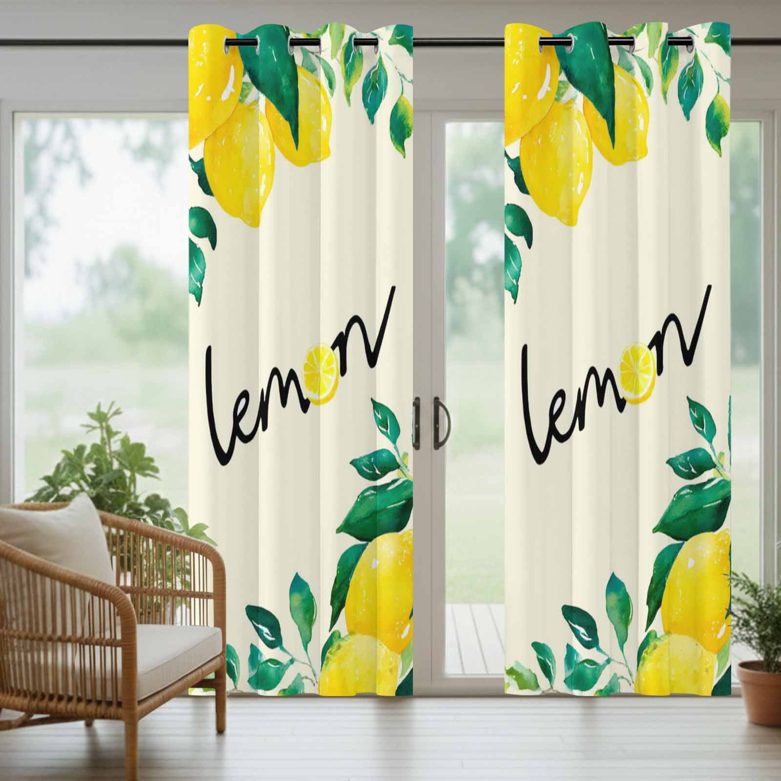 Botanical Lemon Outdoor Curtains for Patio, Watercolor Yellow Fruit Green Leaves Plant Sunshade Privacy Drapes Grommet Waterproof Outside Curtains for Porch/Cabana/Balcony 54"x 108", 1 Panel