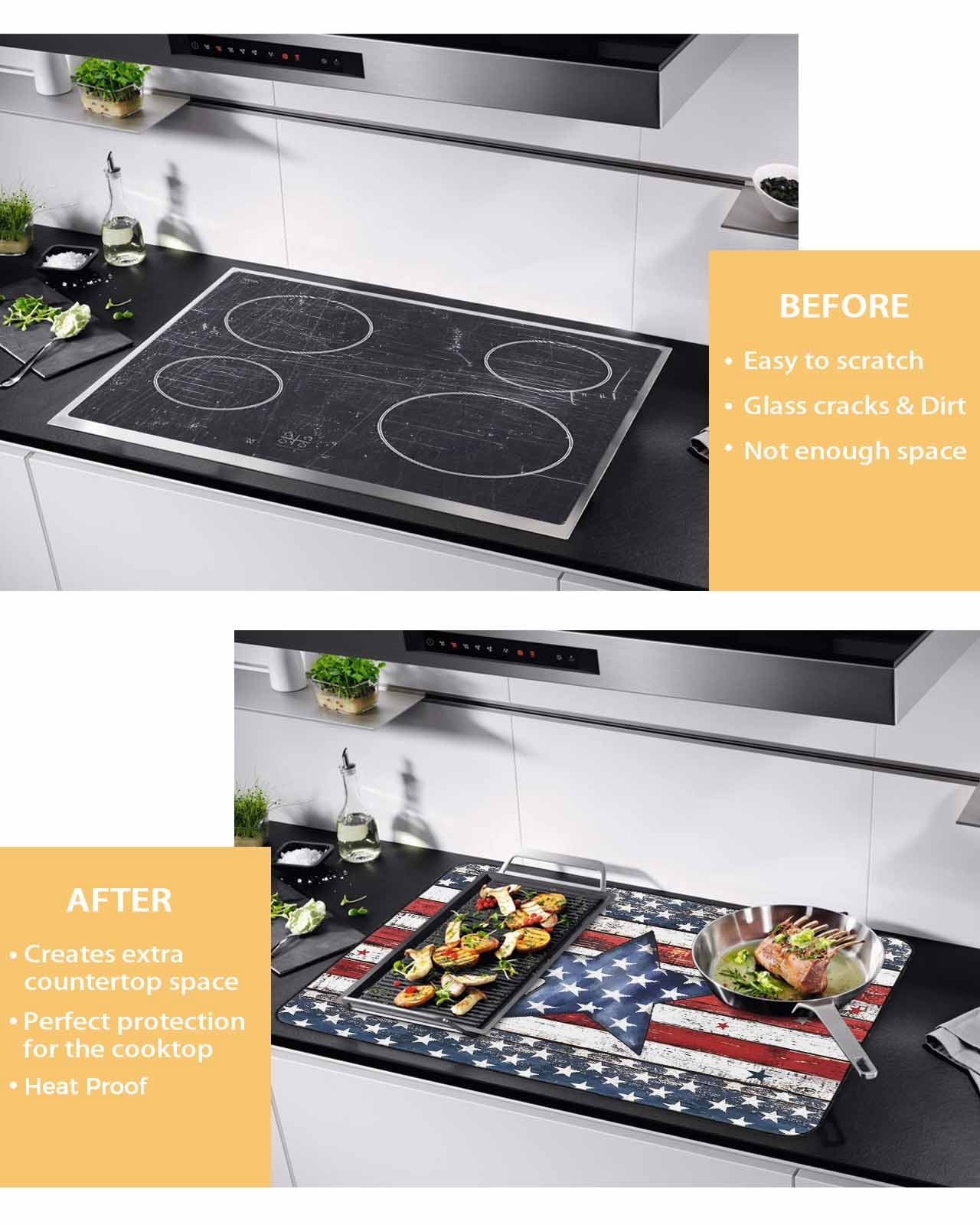 nqOlkjepod Large Induction Cooktop Protector Mat 24"x21", 4th of July Star Stove Top Covers for Electric Stove, Independence Day American Flag Vintage Stove Burner Cover Mats, Glass Top Stove Cover