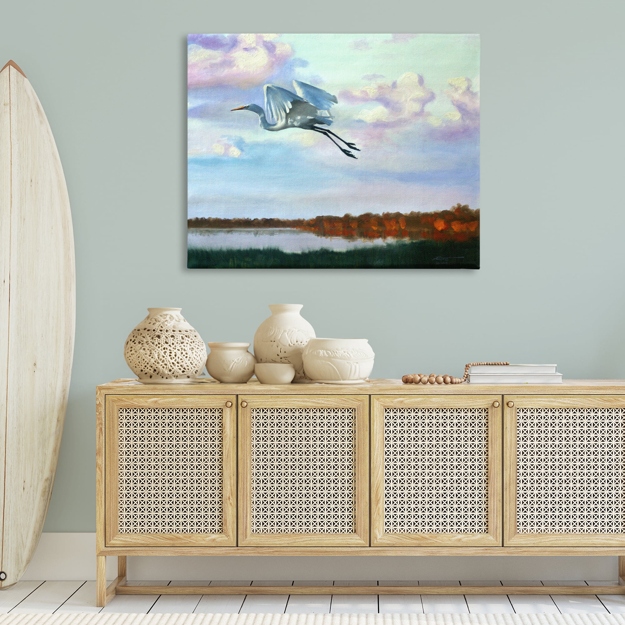 Stupell Industries Egret Over Lake Shore Landscape Painting Gallery Wrapped Canvas Art Print Wall Art, 48 x 36