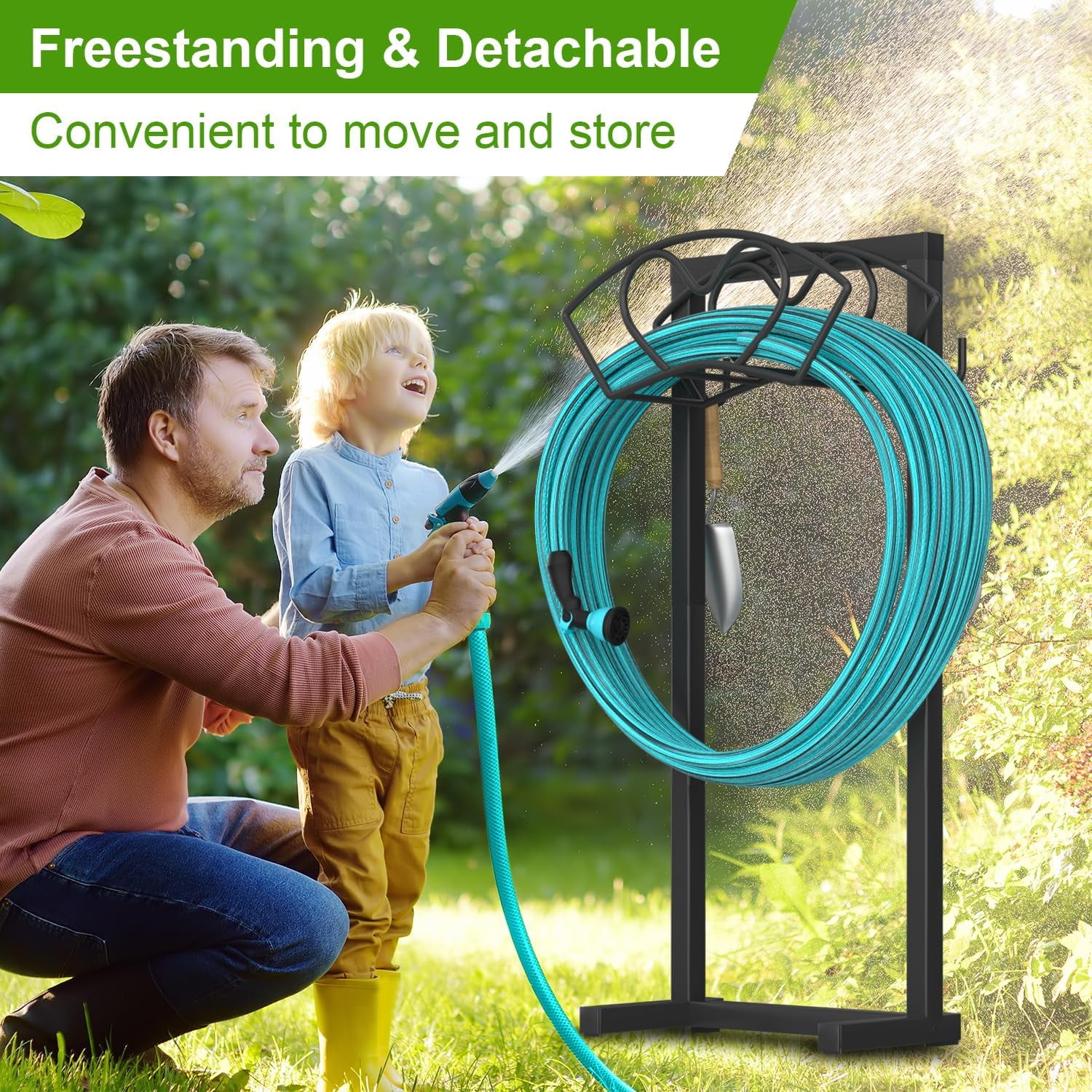 Garden Hose Holder, Water Hose Reel Rack with 4 Spikes Heavy Duty Detachable Reel Stand Freestanding Hose Hanger, Garden Water Reel Rack for Outside Yard Lawn