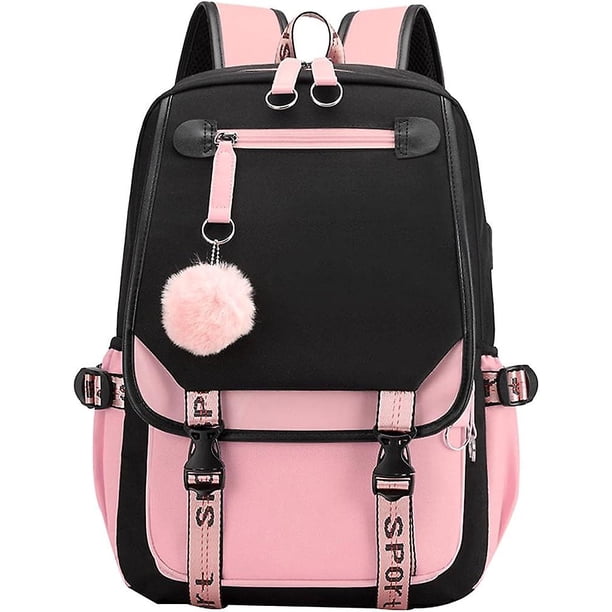 Mochila para adolescentes Mochila para estudiantes de secundaria Mochila para exteriores con puerto de carga USB (negro rosa)
