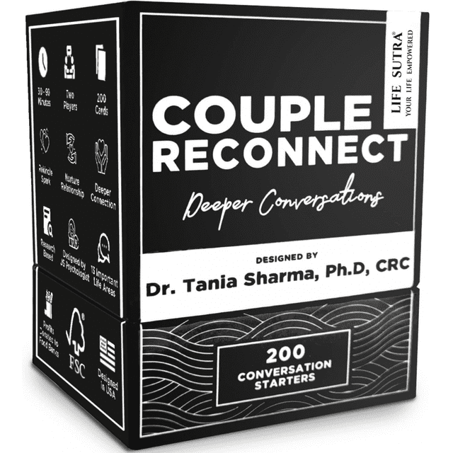 life sutra - game of pareja reconexión/juego de cards para parejas casadas - tarjeta de conversación de 200 parejas - habla tu lenguaje de amor - diseñado por un psicólogo estadounidense caja de juego de mesa en vista 3/4 frontal con fondo negro; frente muestra título grande "COUPLE RECONNECT" y subtítulo "Deeper Conversations", crédito "Designed by Dr. Tania Sharma, Ph.D., CRC"; panel inferior con patrón ondulado y recuadro "200 Conversation Starters"; borde izquierdo con iconos legibles que indican 30–90 minutes, two players y sello FSC; fondo blanco aislado.