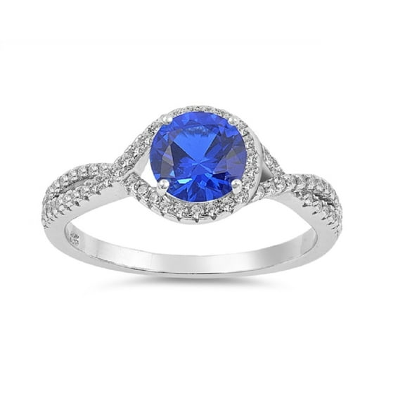 Round Simulated Sapphire Cubic Zirconia Center Wave Mystere Ring Sterling Silver