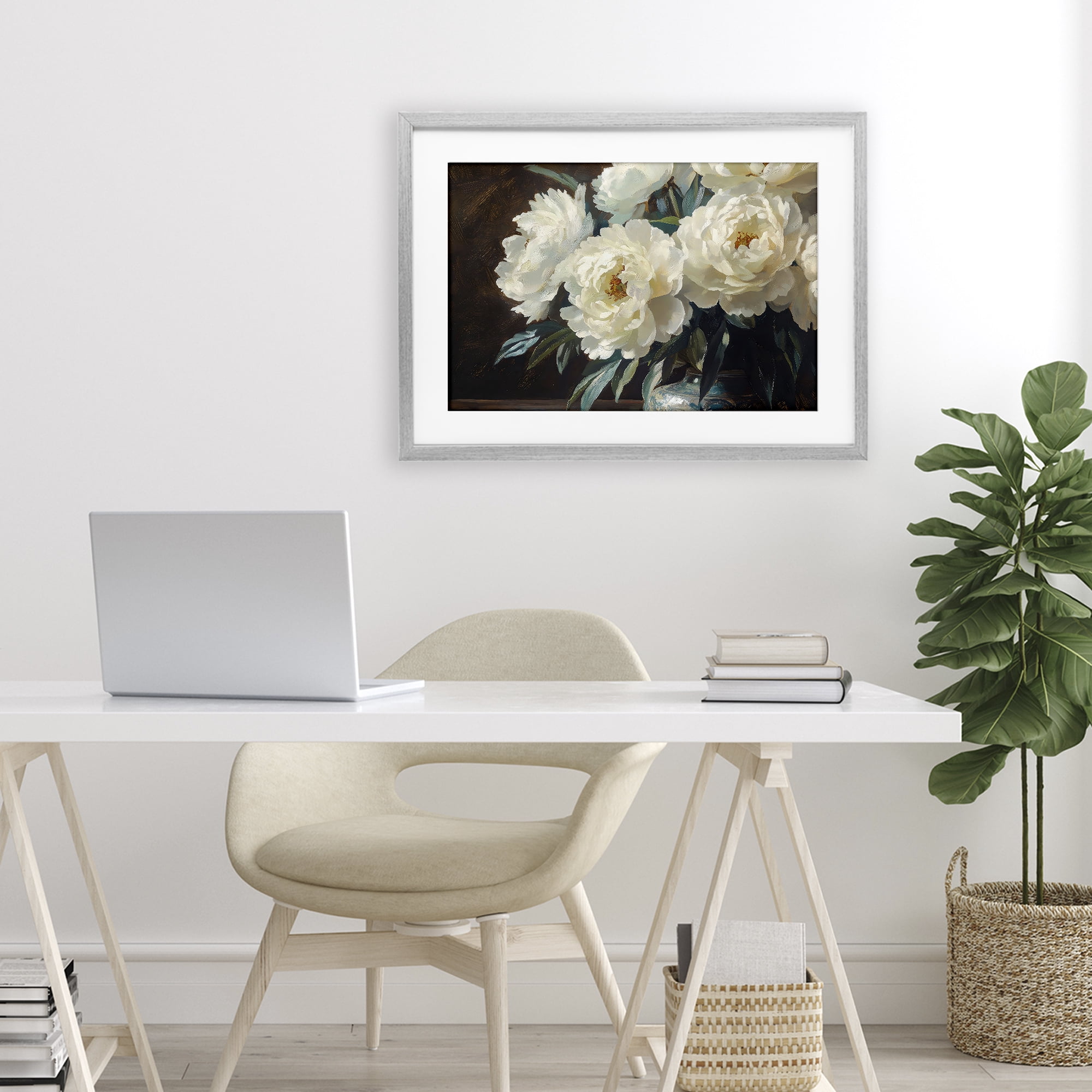 Stupell Industries Large Moody White Floral Gray Framed Print Under Glass, design by Petal Prints Design