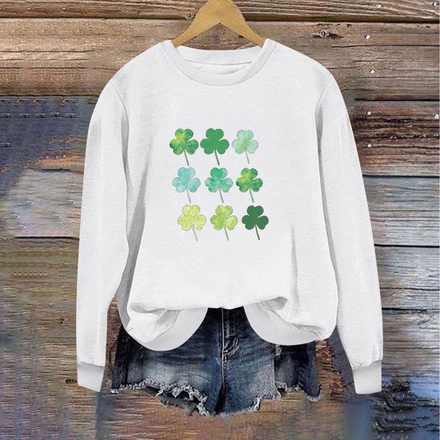 Jsaierl Chandails en Molleton pour Femmes Jour de la Saint-Patrick Imprimé Trèfle Chanceux Pulls Décontractés Manches Longues Col Rond Hauts Tendance Chandail en Molleton de Vacances