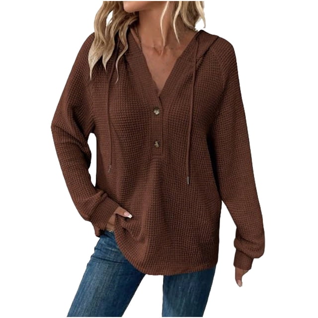 Women's Waffle Hoodie 2025 - Button V-Neck Design | Drawstring Casual Long Sleeve Pullover