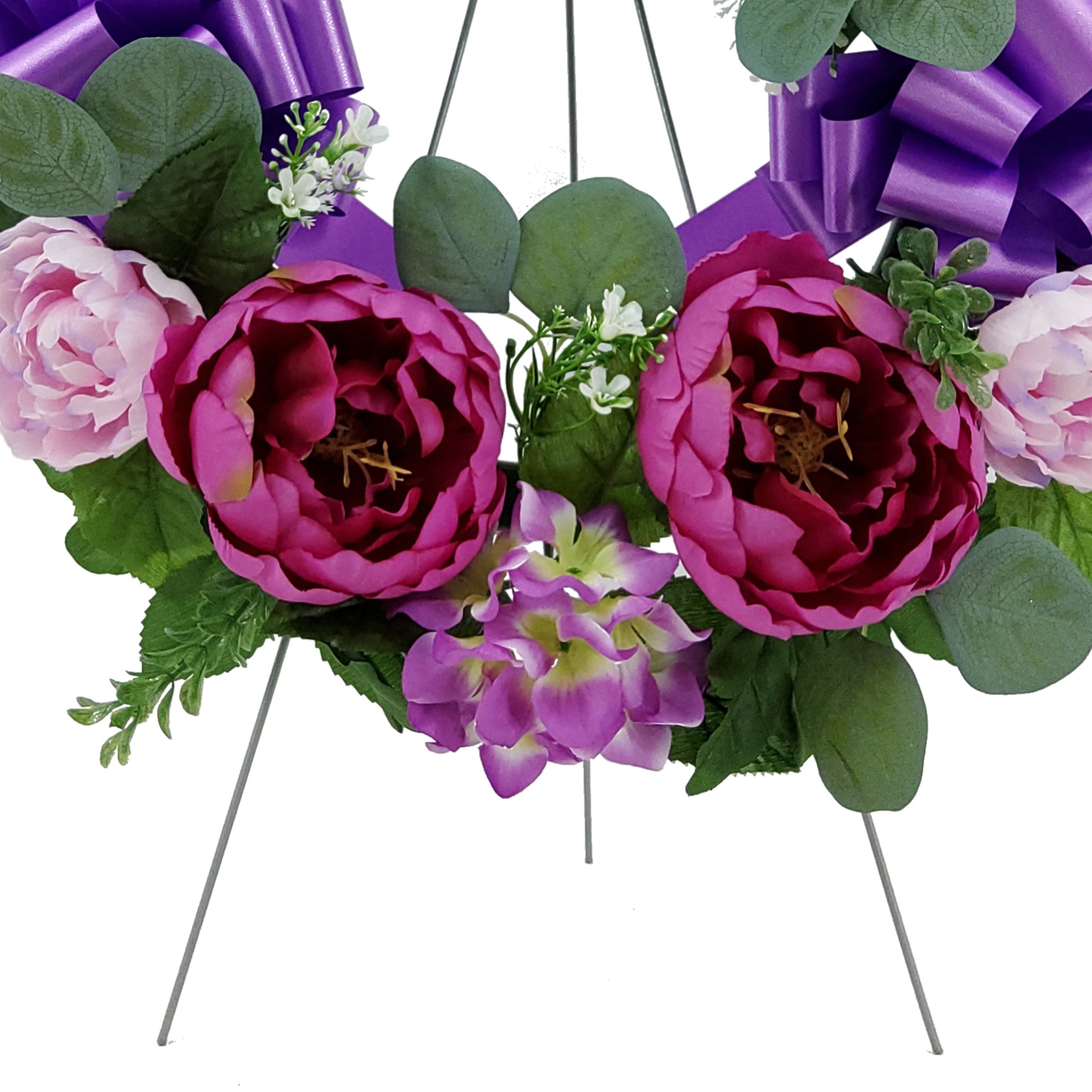Mainstays 17 in Outdoor Artificial Peony Wreath with Metal Easel, Polyester, Purple