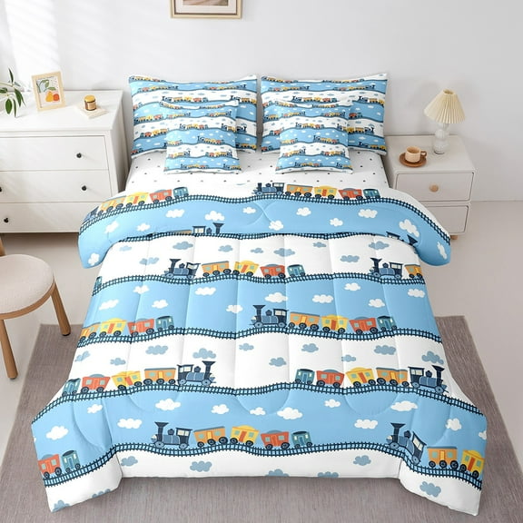 Erosebridal Steam Train Print Bedding Twin Size, Sky Blue Bedding Sets Twin Size, Kawaii Cloud Decor, Reversible 7 Pieces