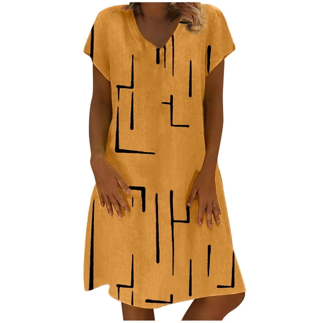 Robes pour Femmes Grande Taille à Col en V, Manches Courtes, Décontractées d'Été, à Étages, Coupe Ample, à Empiècements, Coupe Droite, Longueur Midi
