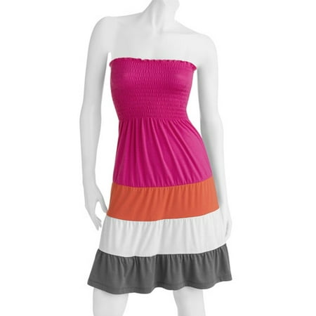 Juniors Plus Smocked Strapless Color Block Dress
