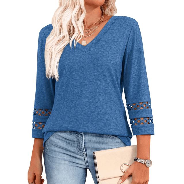 Blusas Elegantes e Informales de 3/4 para Mujer, Camisetas de Cuello en V A , Ropa de Verano 2025. Azul XXL