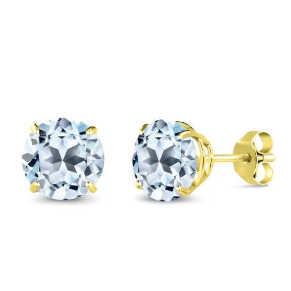 Gem Stone King 10K Yellow Gold Sky Blue Topaz Stud Earrings for Women Men (3.40 Cttw, Gemstone November Birthstone, Round 7MM)