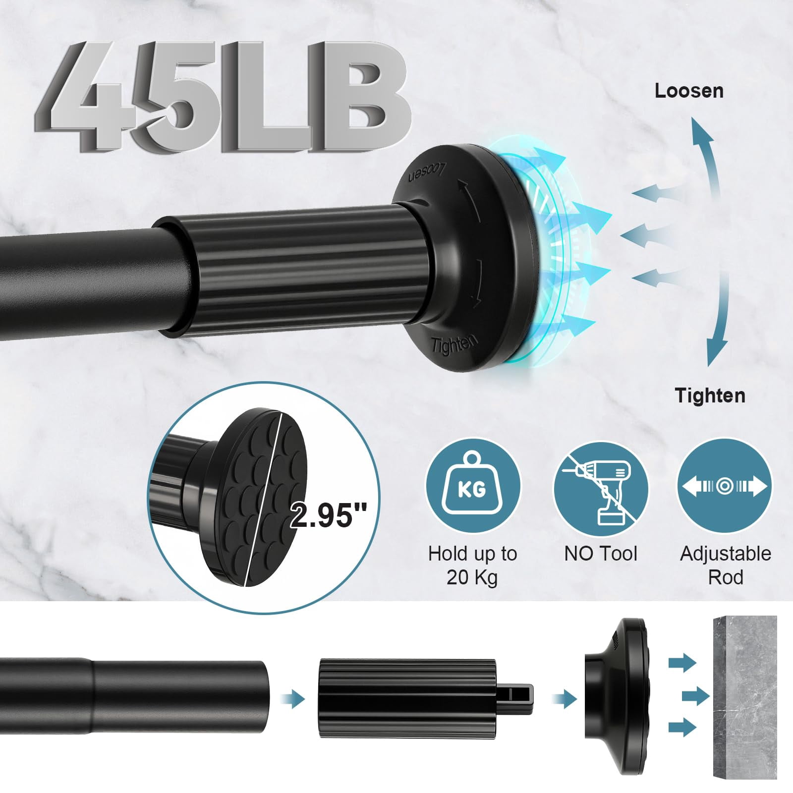 VEGCOO Tension Curtain Rod 51-148 In(4.25-12.33 ft), Rod Rust-free No Drilling Shower Curtain Rod, Outdoor Curtain Rods for Patio for Window Room Divider Closet Rod Adjustable Black