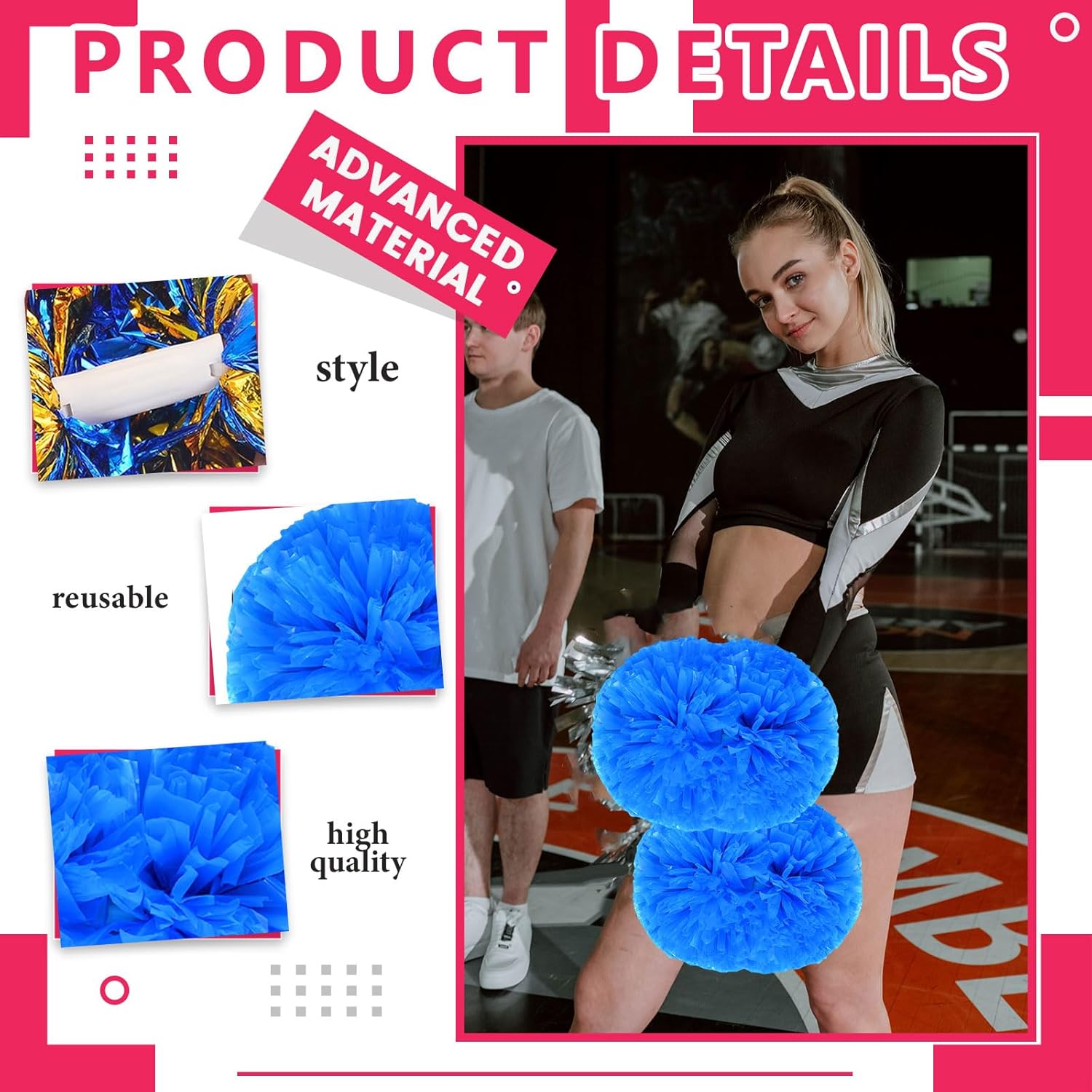 24 PCS pom poms Cheerleading,13.8inch for Sports Teams, Dance Training, and Party Celebrations with Handle