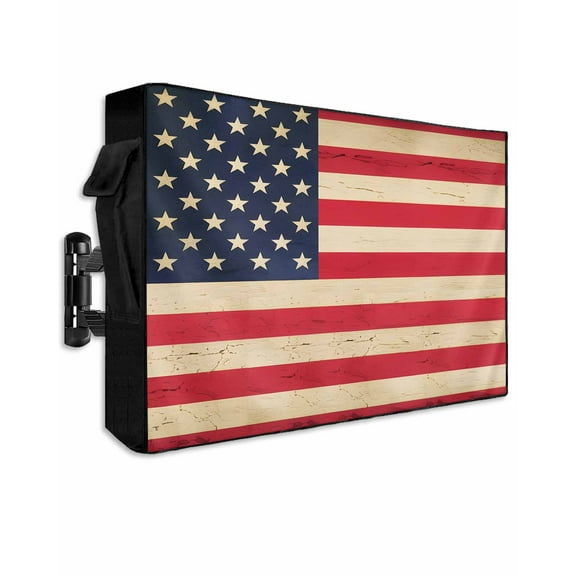 Red American Flag Outdoor TV Cover 40 to 43 Inch Weatherproof, Retro USA Flag Watercolor 600D Oxford TV Covers with Waterproof Zipper, Outside Flat TV Screen Protector Size 40"W x 25"H x 4.5"D