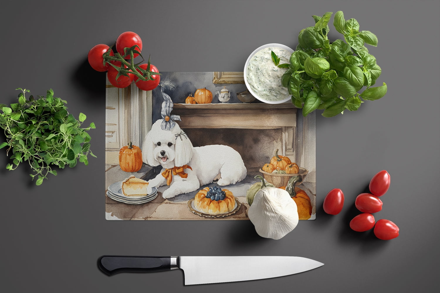 Bichon Frise Fall Kitchen Pumpkins Glass Cutting Board Large 12 in x 15 in