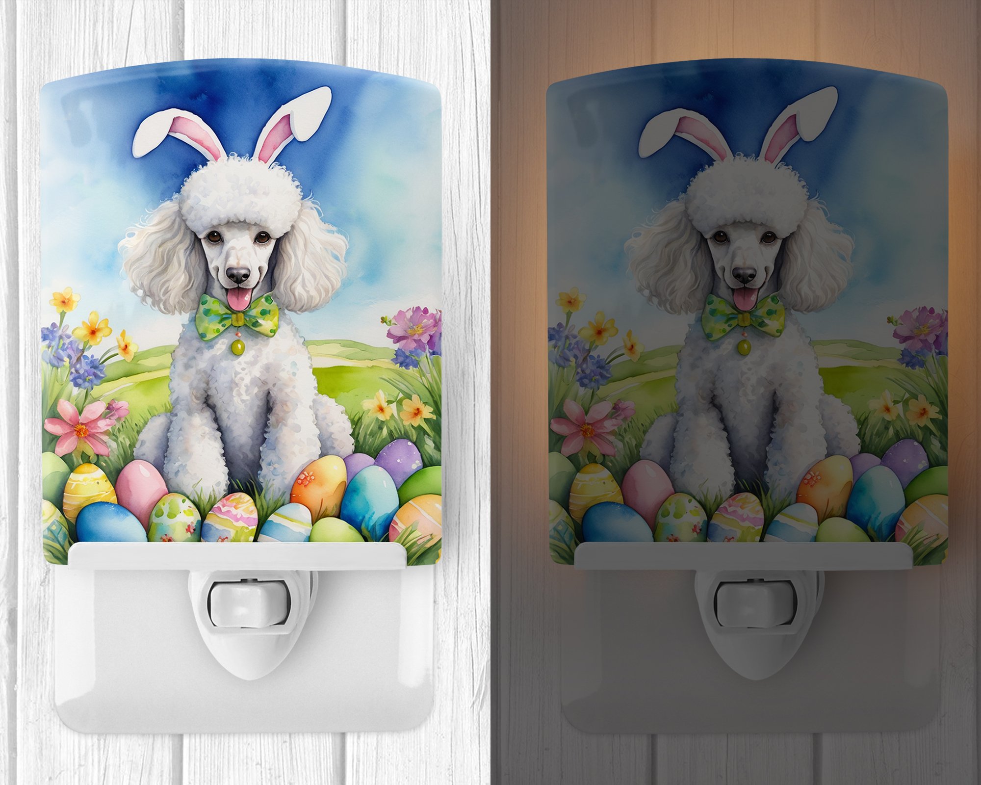 White Poodle Easter Egg Hunt Ceramic Night Light 4 in x 6 in