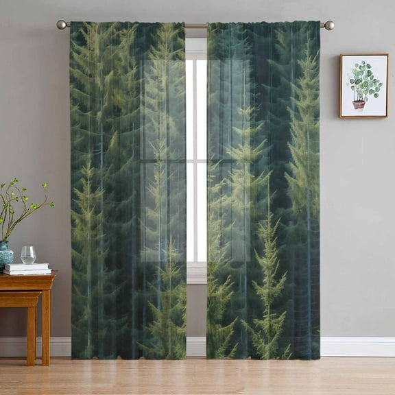 Green Forest Semi Sheer Curtains 96 Inch Length 2 Panels Set, Pine Tree Summer Botanical Modern Art Sheer Kitchen Curtain Privacy Voile Window Curtain for Living Room Bedroom Rod Pocket Drapes