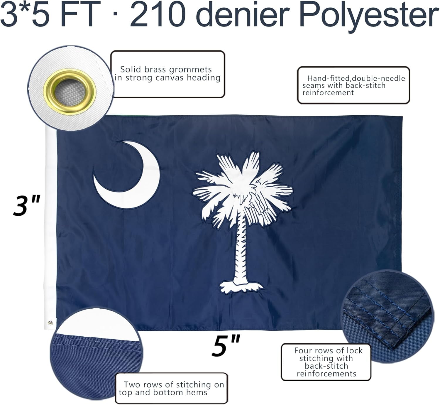 Anley EverStrong Series Embroidered South Carolina State Flag 3x5 Ft - South Carolina SC Flag 210D Polyester