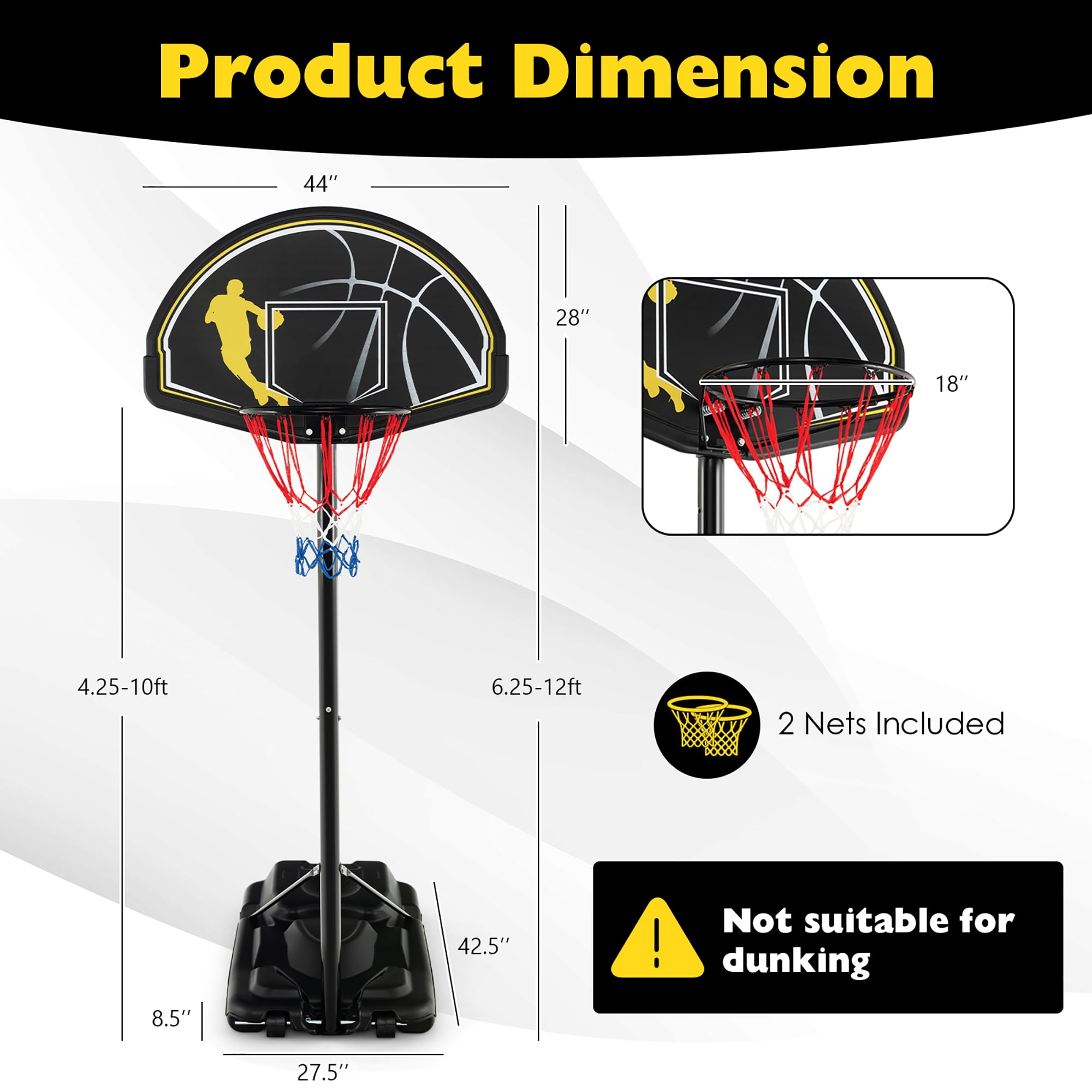 Costway 4.25'-10' Adjustable Height 41" Shatterproof Outdoor Portable Basketball System (Adult)
