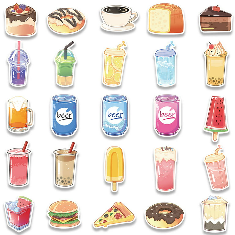 50pcs Cute Food Stickers - Ice Cream, Sandwiches, Desserts, Hot Dogs, Bread  - Waterproof Vinyl Decals for Water Bottles, Laptops, Guitars - Adorable