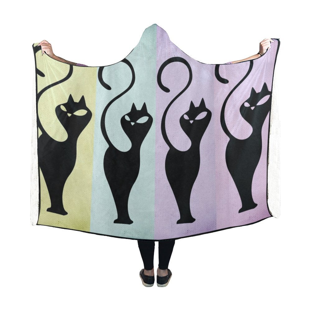 HATIART Hooded Blanket Black Cat With Long Tail Wearable Blanket 50x60