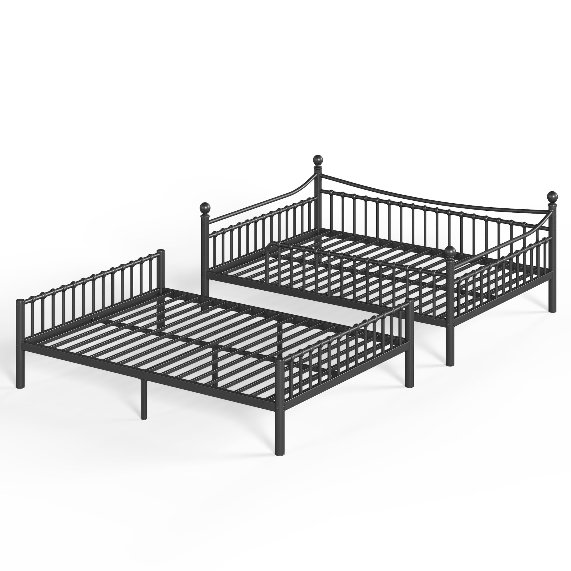 Leumius Full over Full Metal Bunk Bed with Unique Curved Guardrail Design, Round Tube Bunk Bed Frame, Metal Bunk Bed Frame for Kids Teens Adults Black