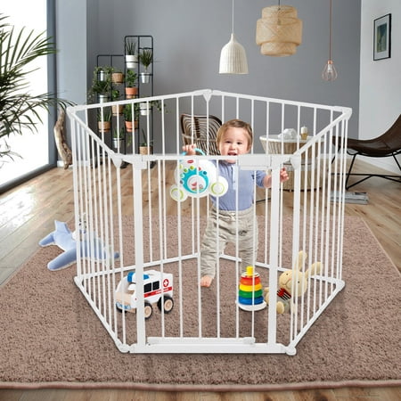 Odoland 128-Inch Baby Gate Playard with Swing door, Adjustable Metal Safety 5 Panels Play-Pen for Toddler/Pet/Dog Christmas Tree Fence, Includes 4 Pack of Wall Mounts,
