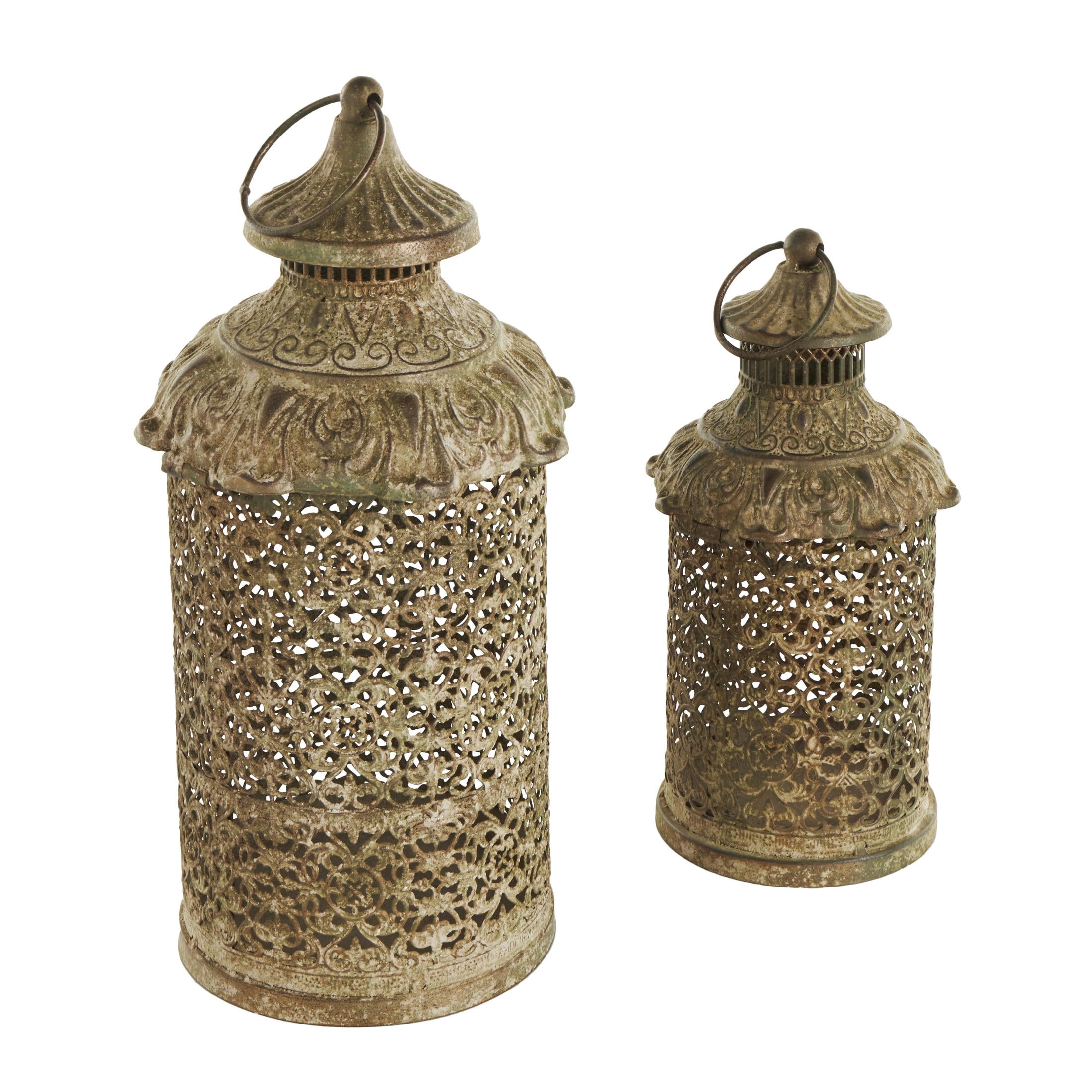 DecMode 2 Holder Brown Metal Scroll Distressed Vintage Inspired Ornate Candle Lantern, Set of 2