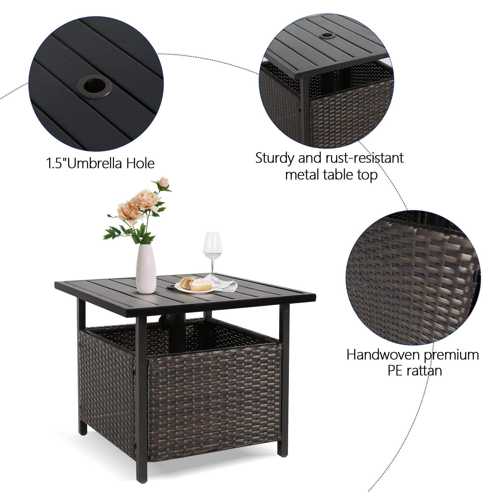 Ulax Furniture Patio PE Wicker Umbrella Side Table Stand Outdoor Bistro Table With Umbrella Hole