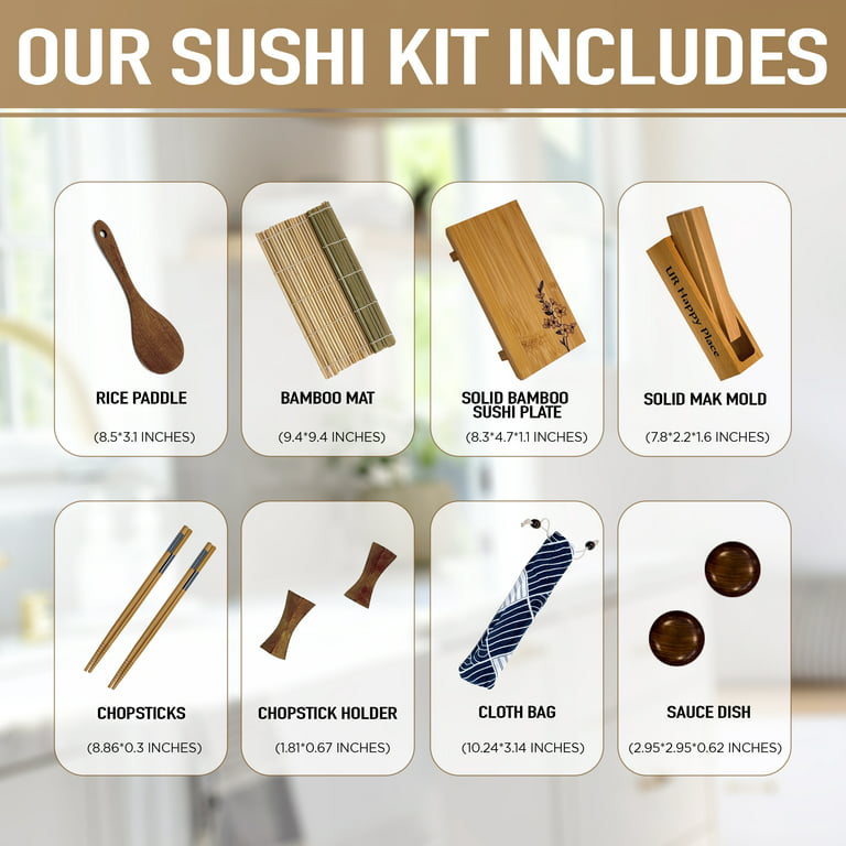 UR Happy Place Luxury Sushi Making Kit for Beginners Home Use -All Natural  Wood Products,15PCS 