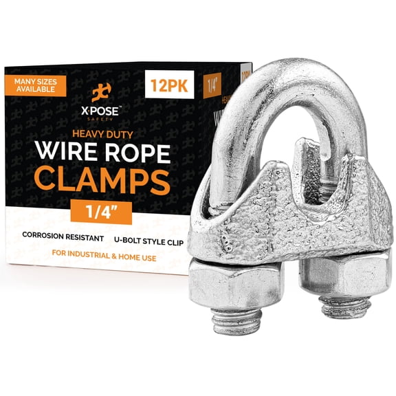 Wire Rope Clamp for Stainless Steel Wire Rope - 1/4" Galvanized U Bolt Style Cable Clips - for Guy Line, Metal Fence, Antenna, Clothesline, Rigging Hardware, Batting Cage - by Xpose Safety Pack of 12
