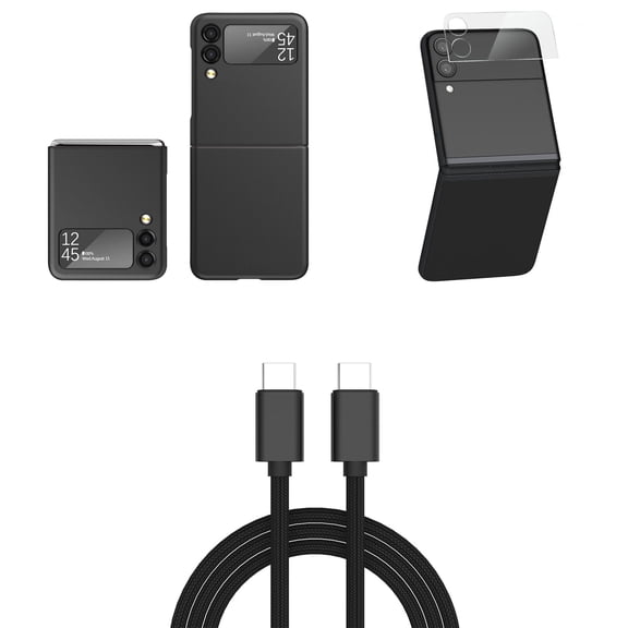 Bemz Accessory Bundle for Galaxy Z Flip 3 5G: Slim Rubberized Matte Snap On Case (Black), Rear Camera Glass Screen Protector, PD Power Delivery USB-C to USB-C Cable (3 Feet)