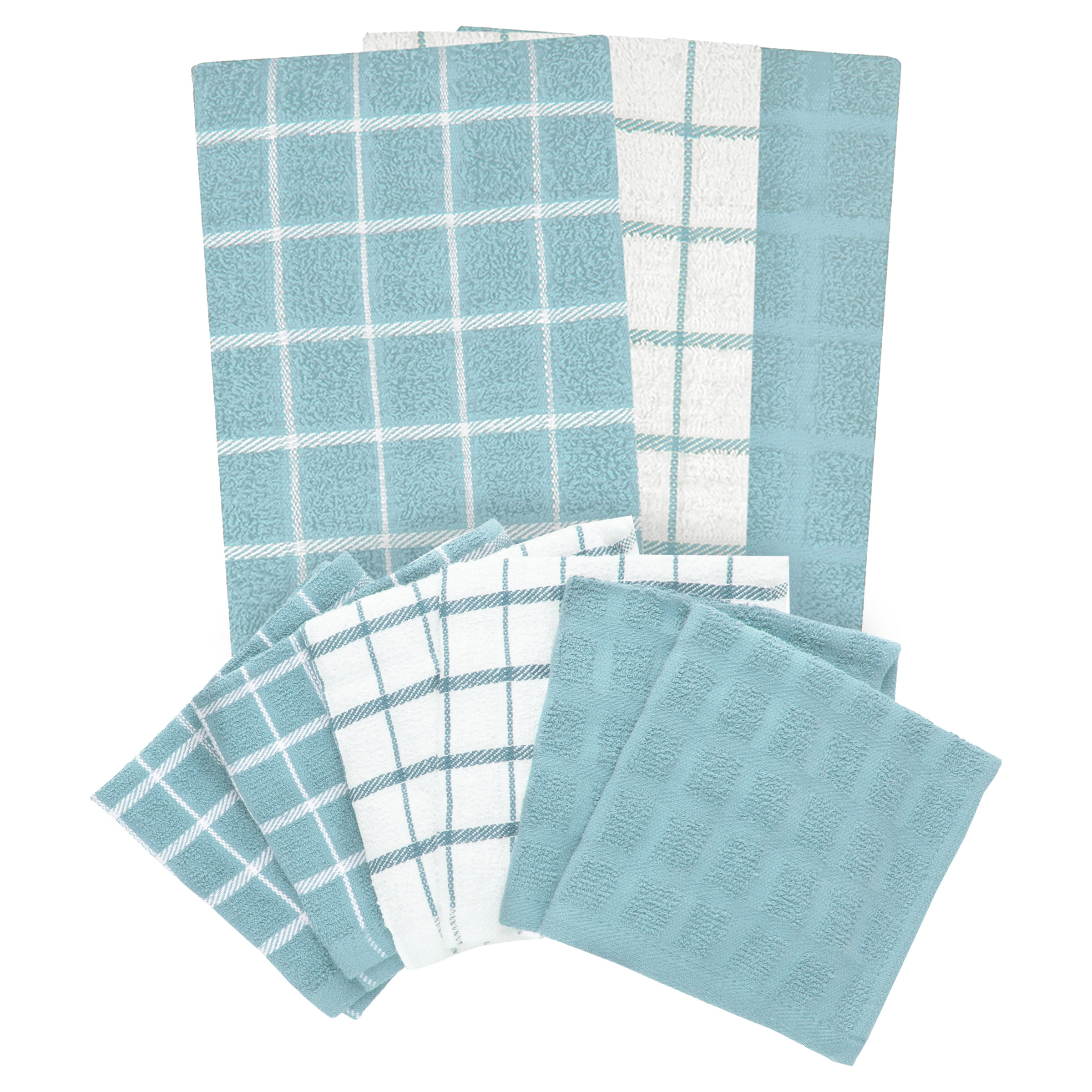RITZ 3-Pack Terry Check Kitchen Towel Set and 6-Pack Terry Check Dish Cloth Set, Dew
