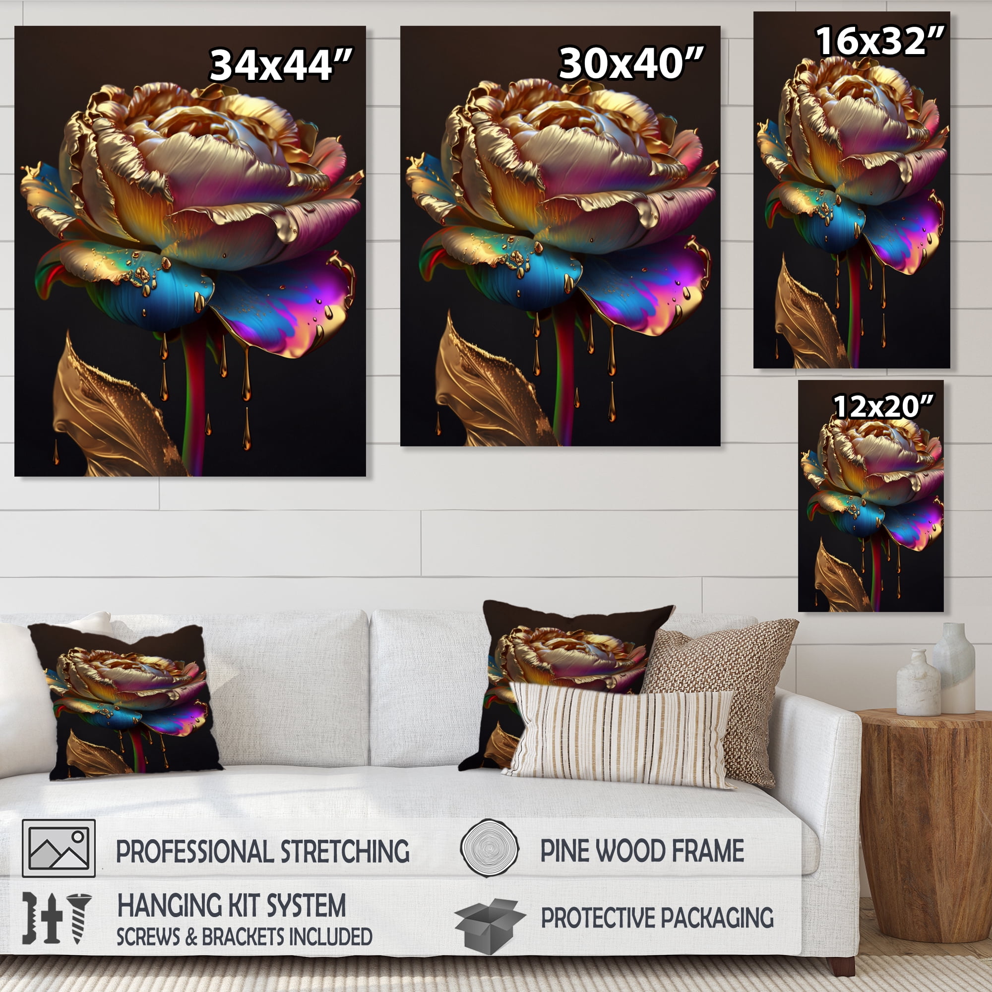 Designart Rainbow Peony Liquid Gold Drips Hyper V Canvas Wall Art