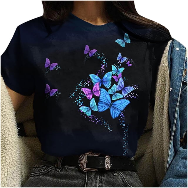 Blusa suelta de manga corta con cuello redondo y estampado a la moda para mujer Pompotops hfajkhk129075